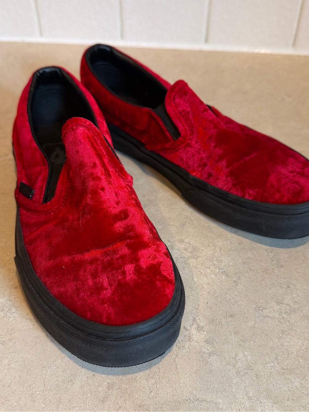Vans Red Velvet Slip-On Sneakers with Black Sole